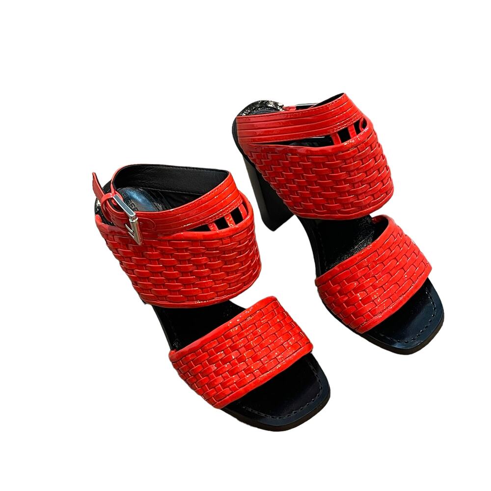 Sigerson Morrison Leather Braided High Black Heels Woven Sandal Red Size 6 NWOB